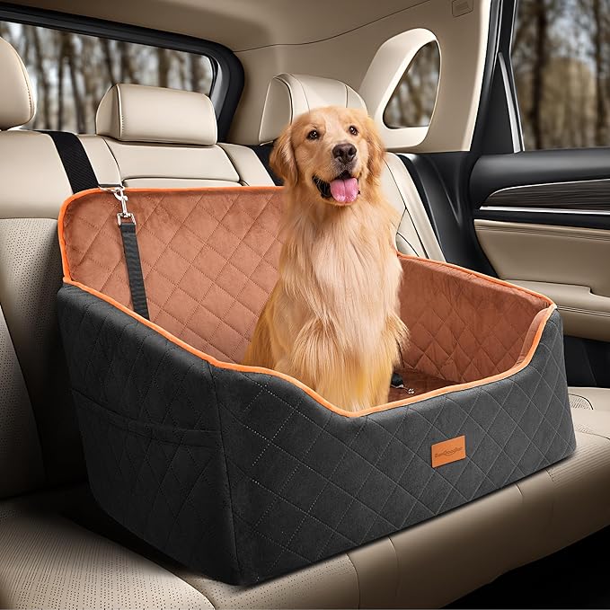 Dog Car Seat for Medium Dogs - Pet Car Seat with 2 Safety Straps & Waterproof Padding, Portable Pet Carrier for Cars, Trucks & SUVs, Comfortable Booster Bed for Pets Up to 55lbs (Black/Coffee)-PawvioPets