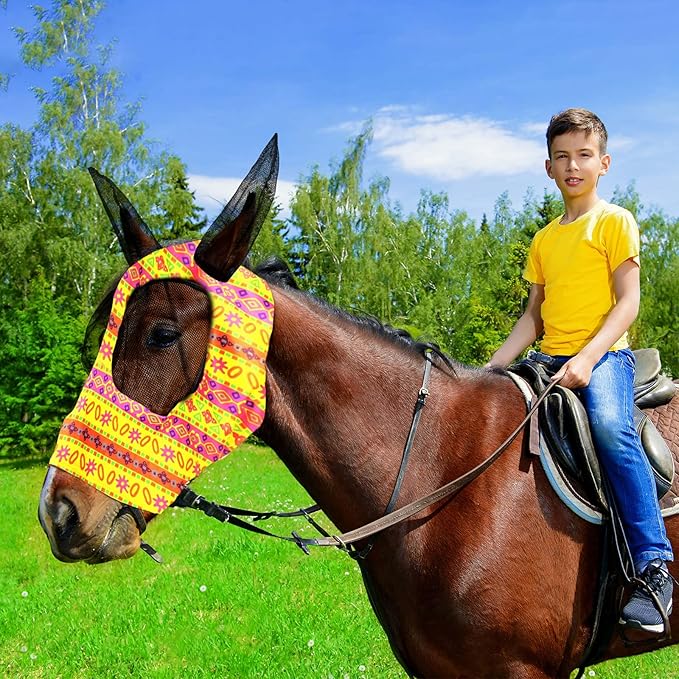 Frienda 4 Pieces Horse Fly Masks with Ears Face Covering UV Protection from Insect Pests Elasticity Smooth Comfortable Mesh Horse Mask Accessories(Geometric,Large)-PawvioPets