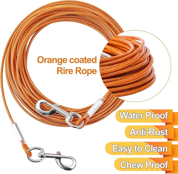 Dog Tie Out Cable,50ft Dog Lead-Heavy Duty Tie Out Cable for for Large Dogs Up to 125lbs-Dog Chain for Yard-Outside Dogs Runner Tether Line-PawvioPets
