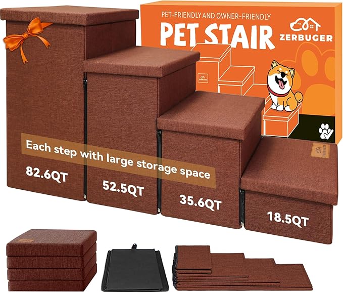 Dog Stairs with Storage 23" H, 4-Step Wider Dog Steps for High Beds Window, Folding Sturdy Pet Stairs Gift for Small/Medium/Large Old Dogs Cats, Ramp for Climbing Car Up to 200 lbs, Brown-PawvioPets