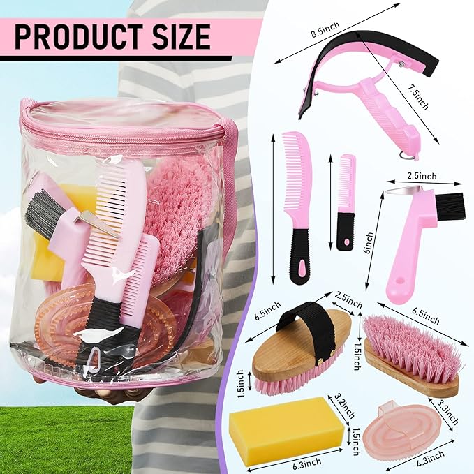 9 Pieces Horse Grooming Kit Tack Room Supplies Set with Organizer Tote Bag, Oval Massage Curry, Hard and Soft Brush, Hoof Pick, Sweat Scraper, Bathing Sponge, Combs for Horse Riders Beginners (Pink)-PawvioPets