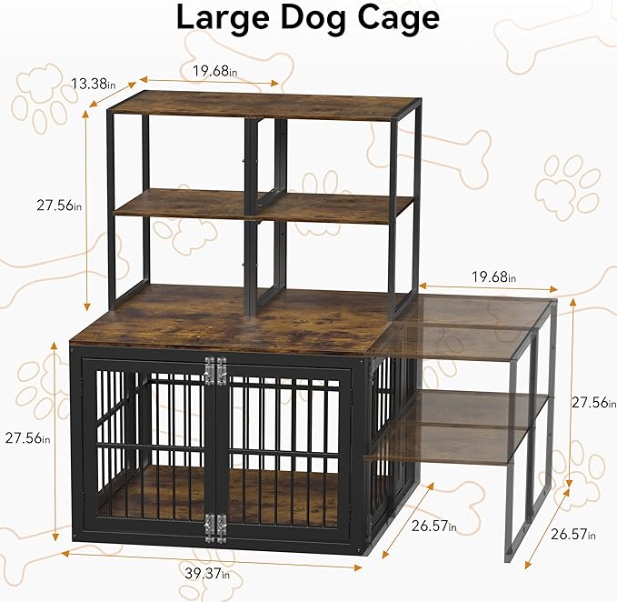 Dociote Heavy Duty Dog Crate Furniture with Storage Shelves，Large Dog Kennel Indoor End Table 39 Inch,Brown-PawvioPets