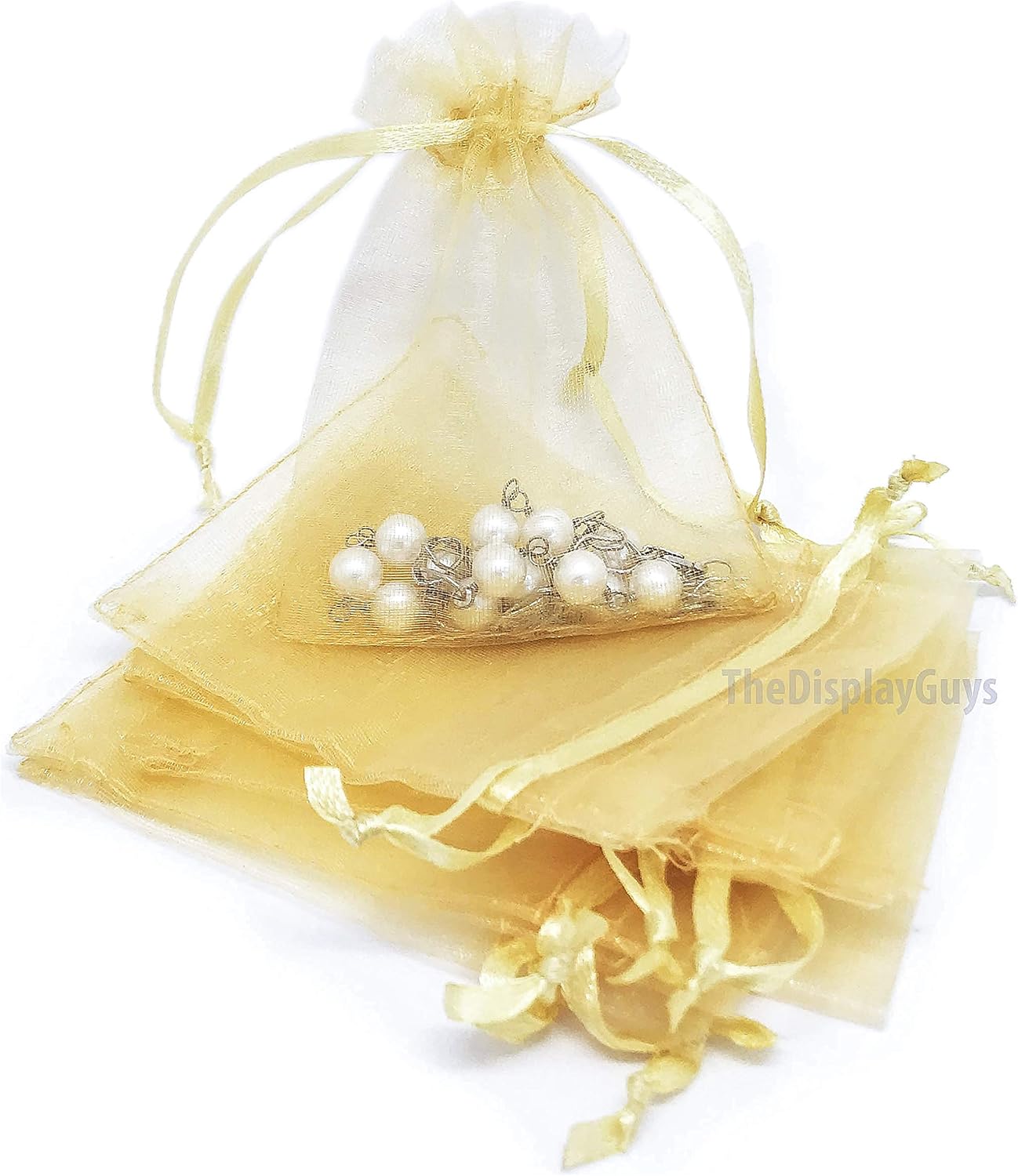TheDisplayGuys 100-Pack XS 2 x 2 3/4" Gold Sheer Organza Gift Bags with Drawstring, Jewelry Candy Treat Wedding Party Favors Mesh Pouch