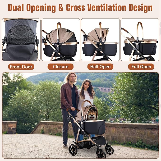 3 in 1 Multifunction Pet Stroller for Small Medium Dogs Cats, No-Zip Dog Stroller with Detachable Carrier & Cup Holder, One-Hand Quick Fold, 4 Wheels Travel Foldable Aluminum Alloy Frame Up to 33 lbs-PawvioPets