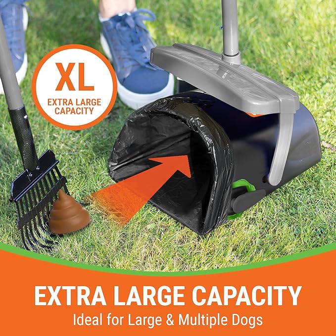 Dog Pooper Scooper with Bag Attachment, 40" Long Handle Pooper Scooper for Large Dogs, Dog Poop Scoop for Yard, Large Capacity Swivel Bin and Rake, Lavender Scented Bags (Grey)-PawvioPets