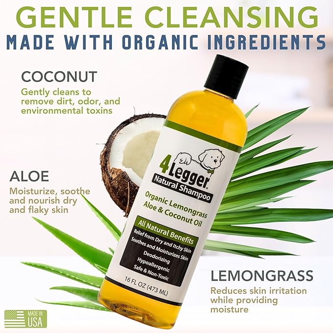 4-Legger Certified Organic Dog Shampoo - All Natural and Hypoallergenic with Aloe and Lemongrass, Soothing for Normal, Dry, Itchy or Allergy Sensitive Skin - Biodegradable - Made in USA - 16 oz-PawvioPets