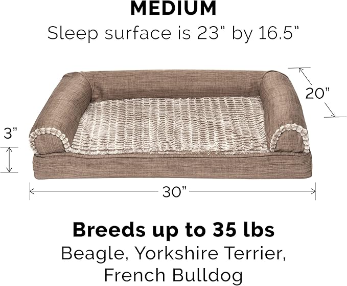 Furhaven Cooling Gel Dog Bed for Medium/Small Dogs w/ Removable Bolsters & Washable Cover, For Dogs Up to 35 lbs - Luxe Faux Fur & Performance Linen Sofa - Woodsmoke, Medium-PawvioPets