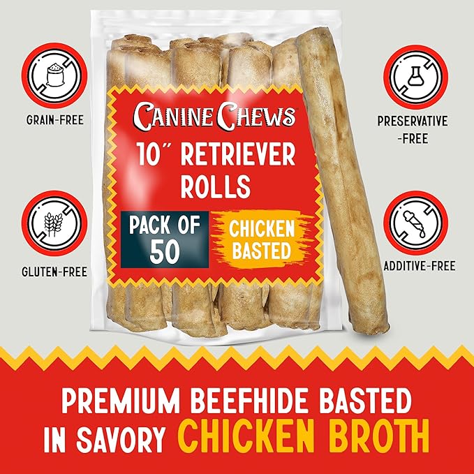 Canine Chews 10" Chicken Basted Dog Rawhide Retriever Rolls (50 Pack) - Natural Beef Dog Rawhide Chews - Healthy Dental Chews-PawvioPets
