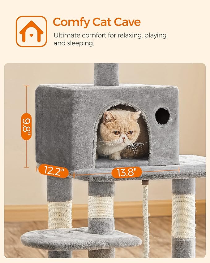 FEANDREA Cat Tree, Cat Tower for Indoor Cats, 56.3-Inch Cat Condo with Scratching Posts, Hammock, Plush Perch, Light Gray UPCT15W-PawvioPets