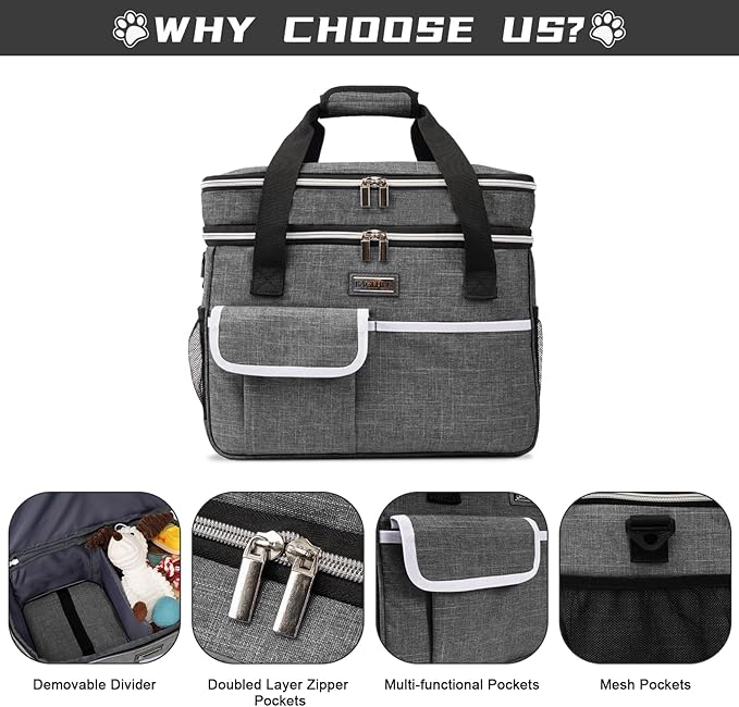 BAGLHER Dog Travel Bag for Supplies - Double-Layer Airline Approved Weekend Pet Travel Organizer Set for Dog and Cat Tote with 2 Pet Food Containers and 2 Collapsible Silicone Bowls Grey-PawvioPets
