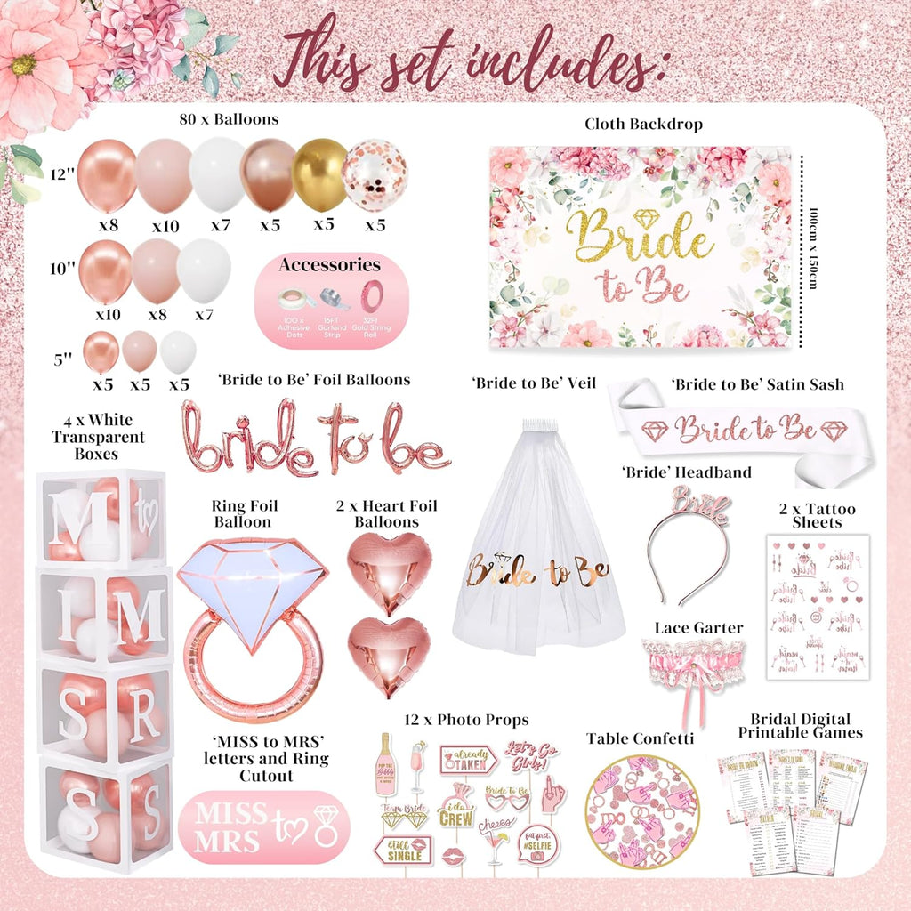 189 pc Bridal Shower Party Decorations – Balloons, Bride to Be Sash, Veil, Headband, Backdrop, Props – Pink Bachelorette Party Decorations for Engagement, Wedding, Rose Gold Bridal Shower Decorations
