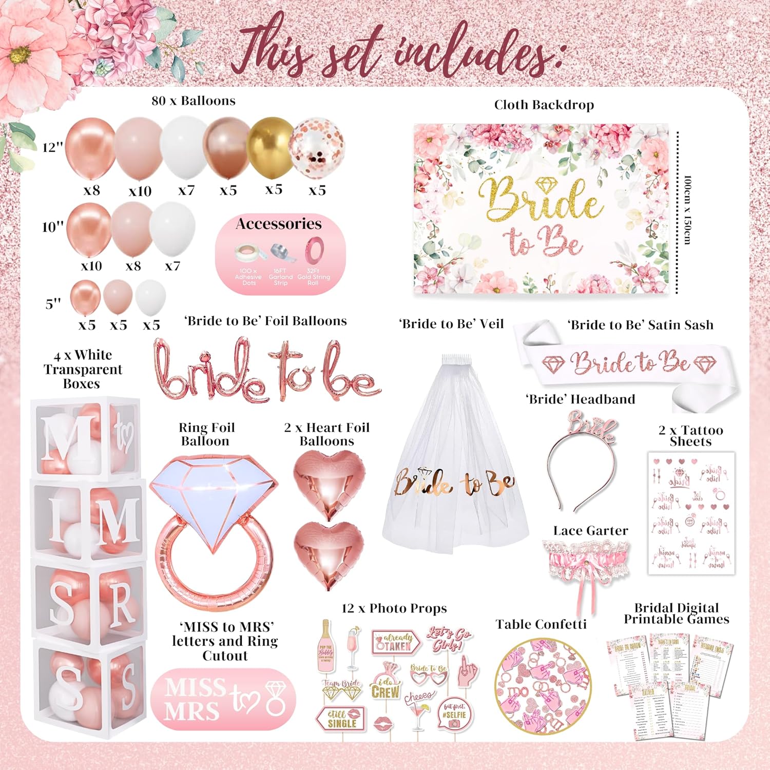 189 pc Bridal Shower Party Decorations – Balloons, Bride to Be Sash, Veil, Headband, Backdrop, Props – Pink Bachelorette Party Decorations for Engagement, Wedding, Rose Gold Bridal Shower Decorations