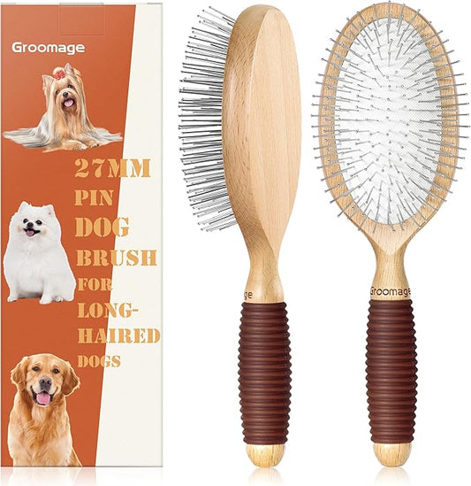 Dog Brush for Long Haired Dogs, 27mm Extra Long Pin Brush for Grooming, Shedding - Beech Wood Material, Non-Slip Rubber Handle, Round-Tipped Pins-PawvioPets