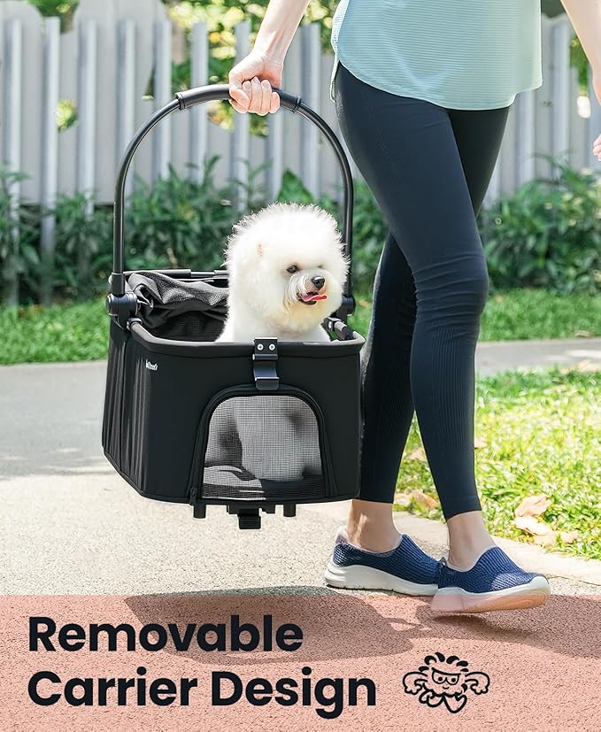 4 Wheels Pet Stroller, Dog Stroller for Small/Medium Dogs and Cats up to 33 lbs, One-Click Fold & Draggable, Removable Carrier, Zipperless Entry, Mesh Windows, Black-PawvioPets