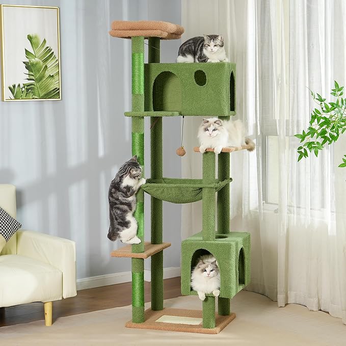 72” Cat Tree for Large Cats Big Cat Tower with Enlarged Hammock 21.6x17.7” Spacious Cats Condo House and Roomy Top Bed and Multiple Scratch Posts for Indoor Adult Cats (Green, XLarge-72)-PawvioPets