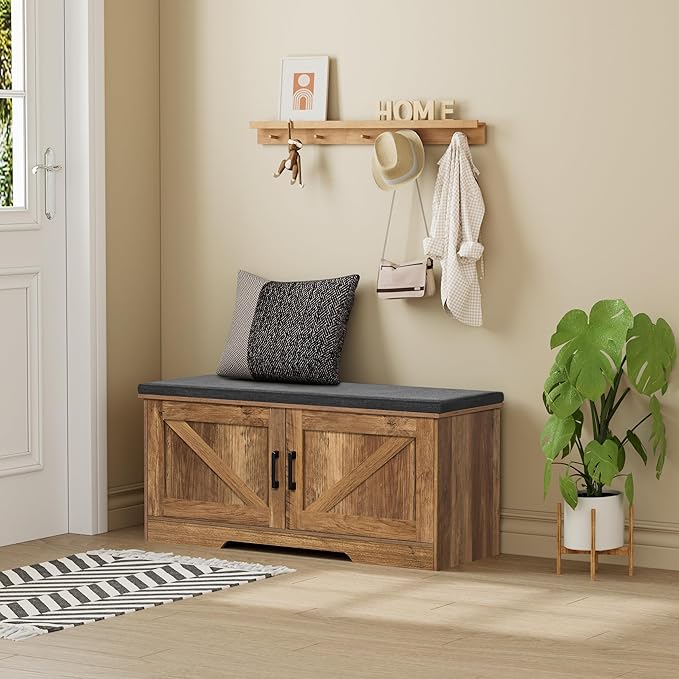 2-Tier Storage Bench, Shoe Bench with Padded Seat Cushion, Entryway Bench with 2 Barn Doors, Adjustable Shelf, 13.8" D x 39.4" W x 17.7" H, for Entryway, Living Room, Bedroom, Rustic Walnut-PawvioPets