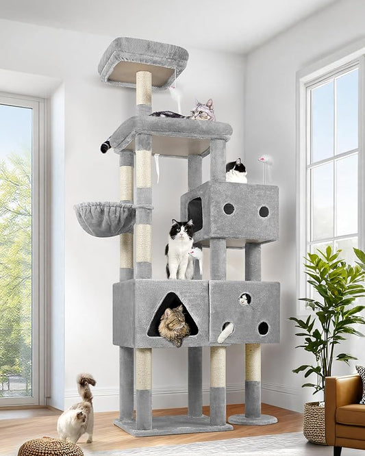 Globlazer Extra Large Cat Tower, 81-inch Tall Cat Tree for Big Cats 20 lbs, XXL Heavy Duty Cat Scratching Tower for Indoor Adult Cats with 3 Cat Condos, 8 Scratching Posts, F81, Light Grey-PawvioPets