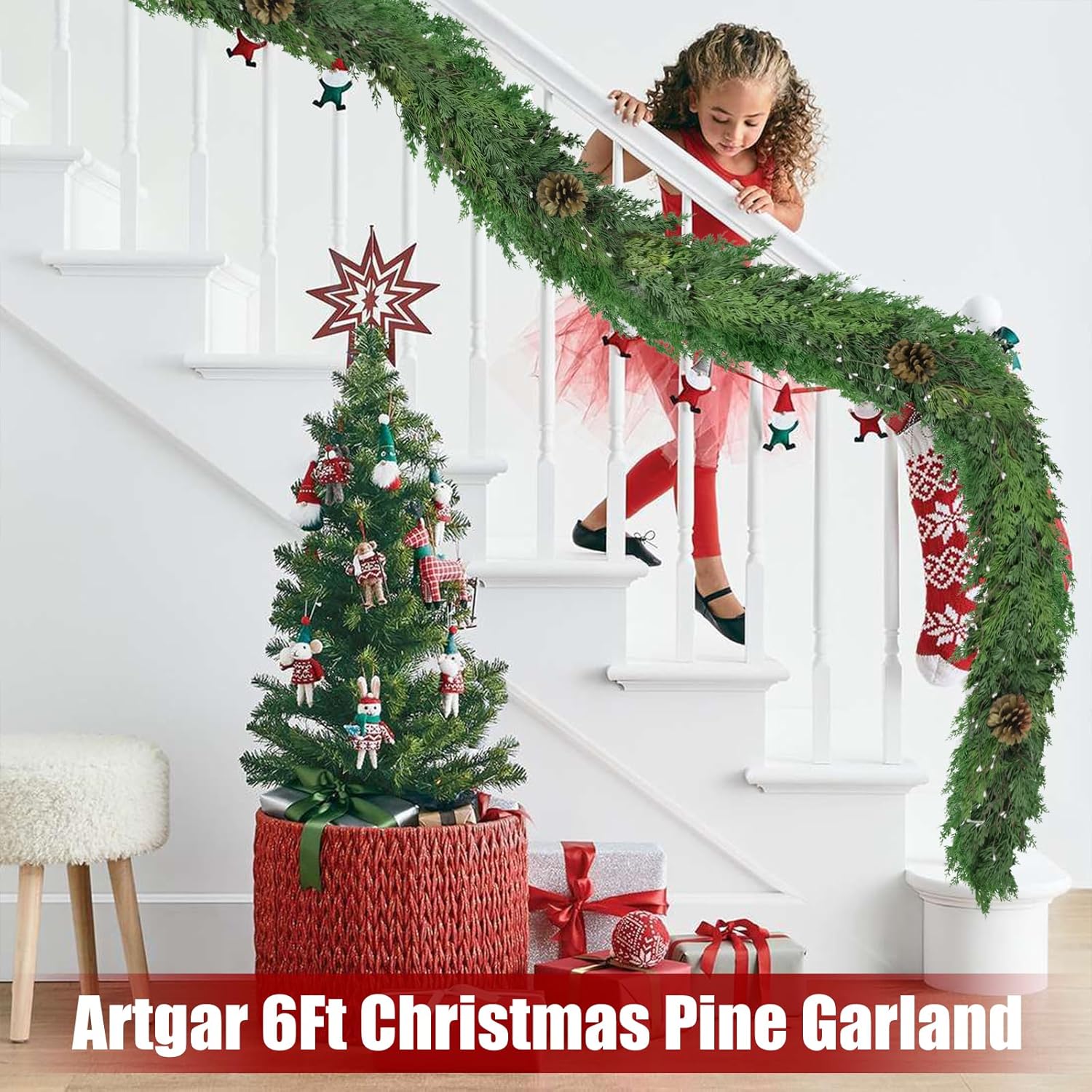 Artgar 6 Ft Christmas Cedar Garland - Realistic Greenery Cypress Garland with Pinecone - Artificial Real Touch Pine Garlands for Outdoor Home Dining Table Mantel Stair Porch Winter Xmas Decor