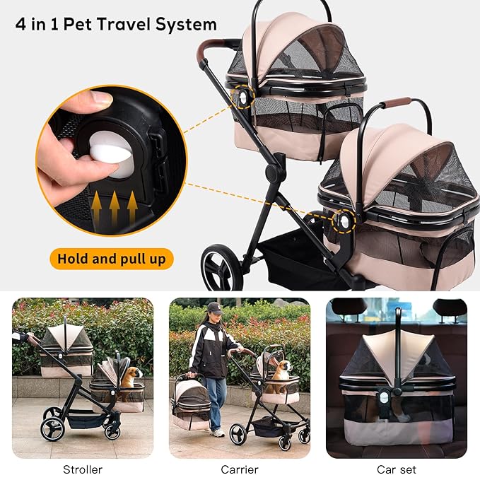 Foldable Double Pet Stroller for 2 Small Medium Cats Dogs, Lightweight Single and Double Integrated Pet Stroller with Detachable Carriers-PawvioPets