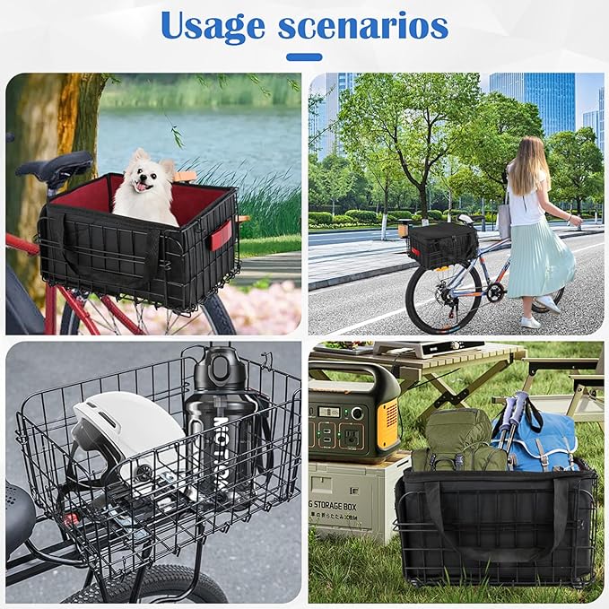 Bike Basket Rear, Folding Bicycle Basket with Removable Waterproof Liner Bag, Rear Bike Cargo Rack, Bike Accessories Frame Basket for Adult Women Men Carrying Dogs,Pet,Grocery,Quick Release Design-PawvioPets