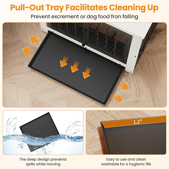 Dog Crate Furniture, Dog Crate End Table for Small and Medium Dogs,Wooden Cage Kennel Furniture Indoor, Modern Dog Crate with Multi-Purpose Removable Tray, Double-Doors Dog Furniture, White-PawvioPets