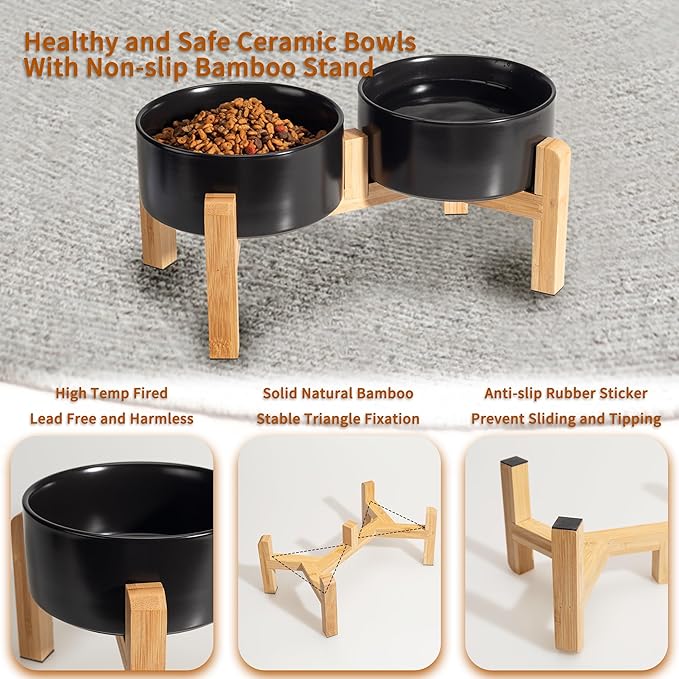 Elevated Ceramic Dog Bowl Set - Raised Dog Bowls with Non-Slip Bamboo Stand - Dog Food and Water Bowl Set - Double Dog Feeding Bowls - Suitable for Small and Medium Dogs - 28.74 OZ - 3.6 CUPS - 850 ML-PawvioPets