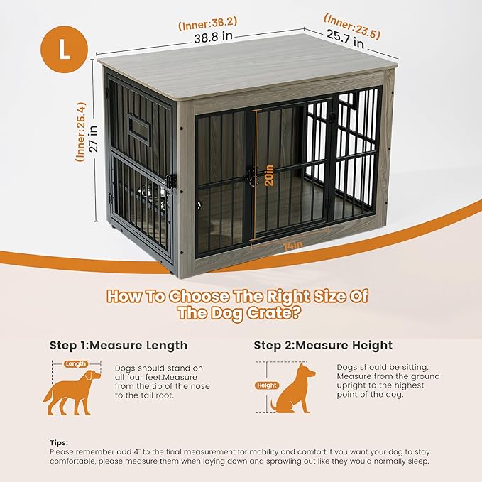 Gardner Pet Dog Crate Furniture for Medium Dogs, 38.8 Inch Dog Kennel Indoor, Wooden Dog Cage End Table with 2 Removable Bowls, Heavy Duty Dog Crate, Rustic Grey-PawvioPets