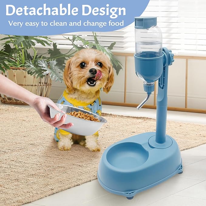 Fhiny Dog Water Feeder Bottle with Stand, Dispenser Automatic Water Food Bowl for Cage No-Drip Leak-Proof Adjustable Raised Pet Slow Water Bottle Dog Kennel Durable Drinker (Blue, 17oz)-PawvioPets
