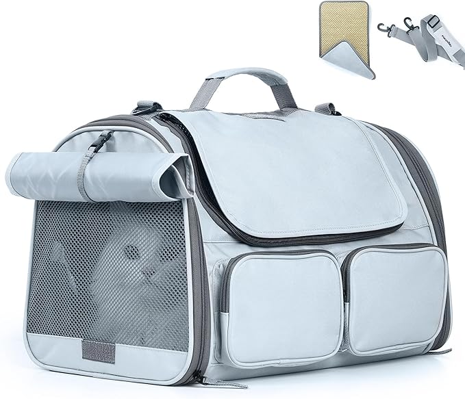 FUKUMARU Cat Carrier, Soft-Sided Small Dog Carrier, Large Cat Travel Bag with 4 Mesh Windows, Under 15 lb Airline Approved Pet Carrier with 4 Storage Pockets, Rollable Cover for Nervous Cats, Grey-PawvioPets