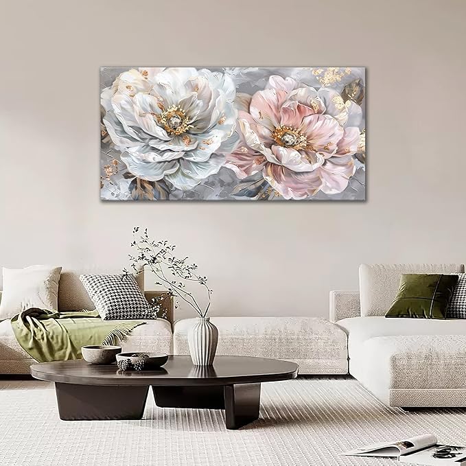 Extra Large Flower Wall Art Pink and White Floral Canvas Living Room Golden Pictures Framed Prints Oversize Wall Decor Big Painting Artwork for Bedroom Dining Office Home 60"x30"-PawvioPets