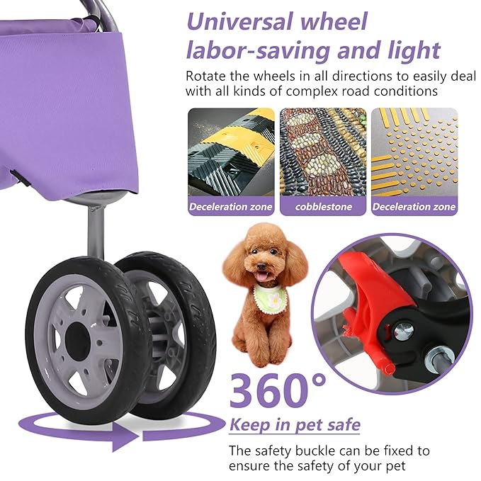 Dog Stroller,3 Wheels Travel Folding Pet Strollers for Small Medium Dog Cat Jogger Stroller with Storage Basket Removable Liner Purple-PawvioPets