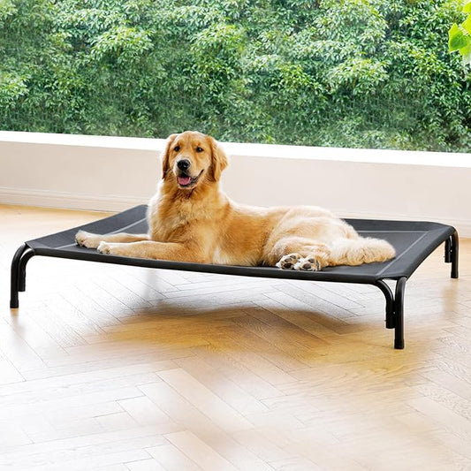 Elevated Dog Bed Raised Outdoor Dog Cot for Large Dogs, Installation Requires No Tools, Frame with Washable Cooling Breathable Mesh Anti-Slip Feet, Indoor Pet Bed, Black, 43.3 Inches-PawvioPets