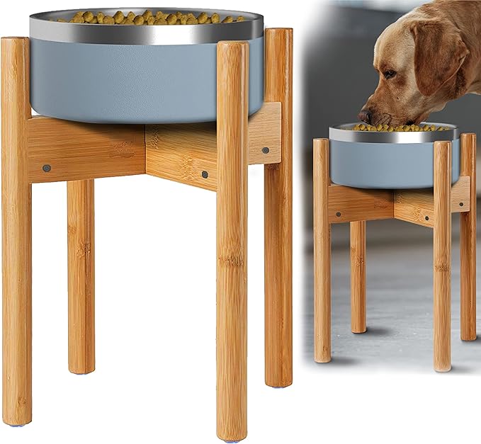 Dog Bowl Stand for Large Breed - 14-inch High, Adjustable Sideways to Fit Various Sizes of Pet Food/Water Bowls, Slow Feeders, and Drink Fountains - Bamboo-PawvioPets