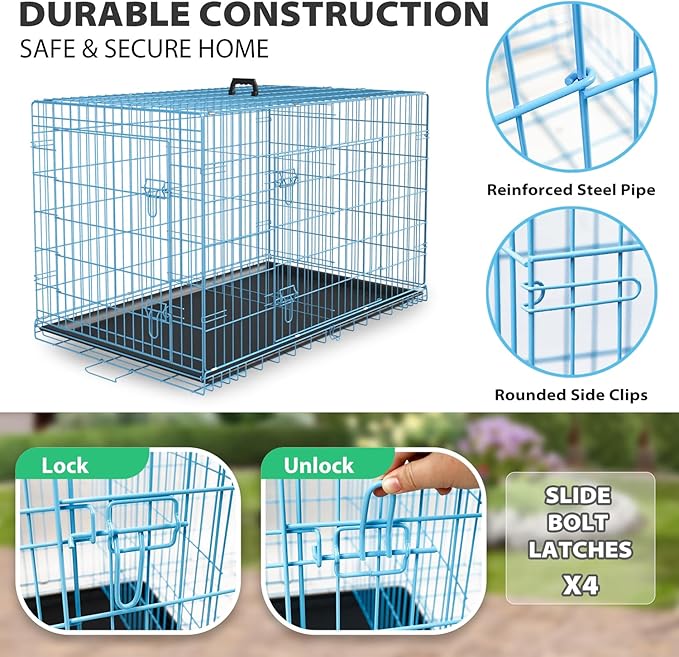BestPet | Dog Crate | 24" | Blue | Foldable Metal Kennel with Double Doors, Secure Slide-Bolt Latches, Leakproof Tray | Portable Dog Cage for Small Breeds | for Travel, Indoor & Outdoor Use-PawvioPets