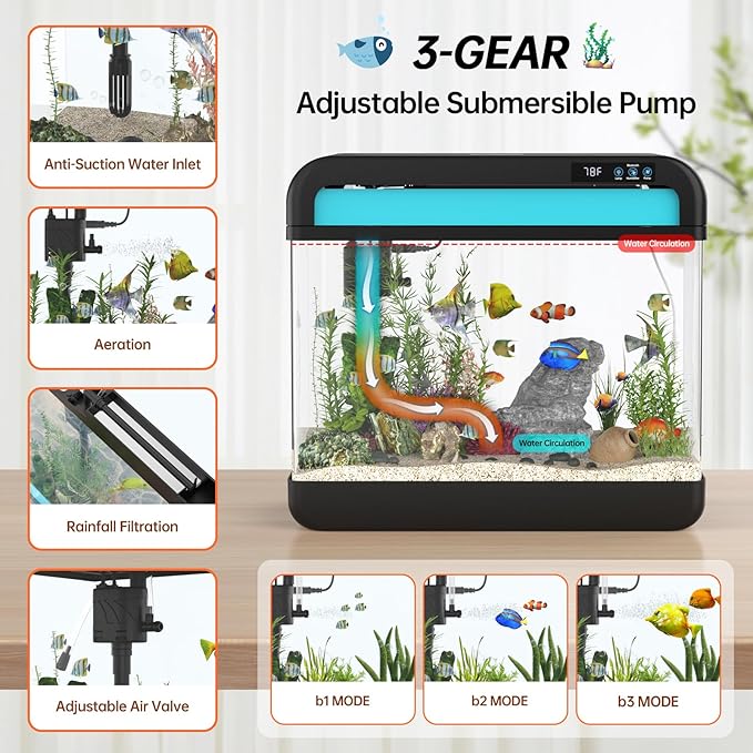 Fish Tank Aquarium 6.3 Gallon Fish Bowl with Music Humidifier 7 Color Auto-Looping Light Adjustable Quiet Pump, Temperature Display, Bottom Water Changer, HD Float Glass, Leak-Proof Thickened Base-PawvioPets