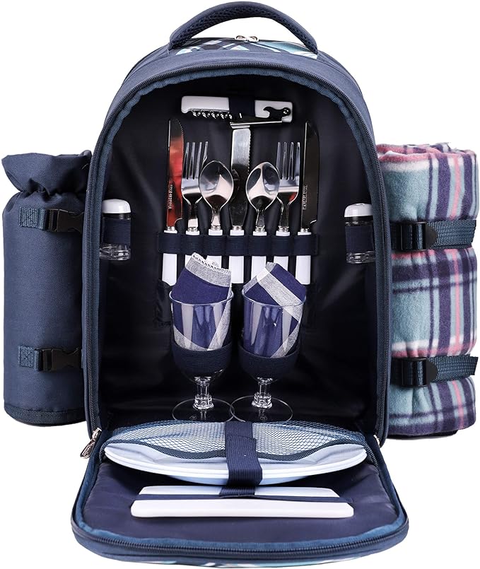 Apollo Walker Picnic Backpack Bag for 2 Person with Cooler Compartment, Detachable Bottle/Wine Holder, Fleece Blanket, Plates and Cutlery (Blue)-PawvioPets