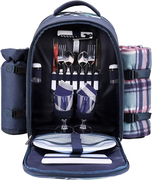 Apollo Walker Picnic Backpack Bag for 2 Person with Cooler Compartment, Detachable Bottle/Wine Holder, Fleece Blanket, Plates and Cutlery (Blue)-PawvioPets