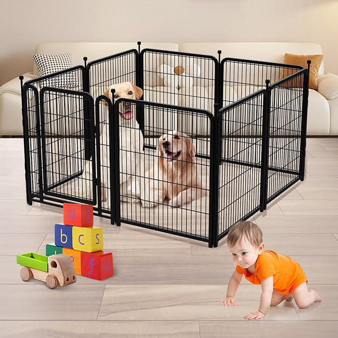Dog Playpen 48inch 12 Panels, Puppy Playpen Indoors, Dog Fence Outdoor for Yard, Wide Door Low Threshold Garden Fence for Medium/Large Pets. Black Dog Pens Total 26.6 Ft(L)-PawvioPets