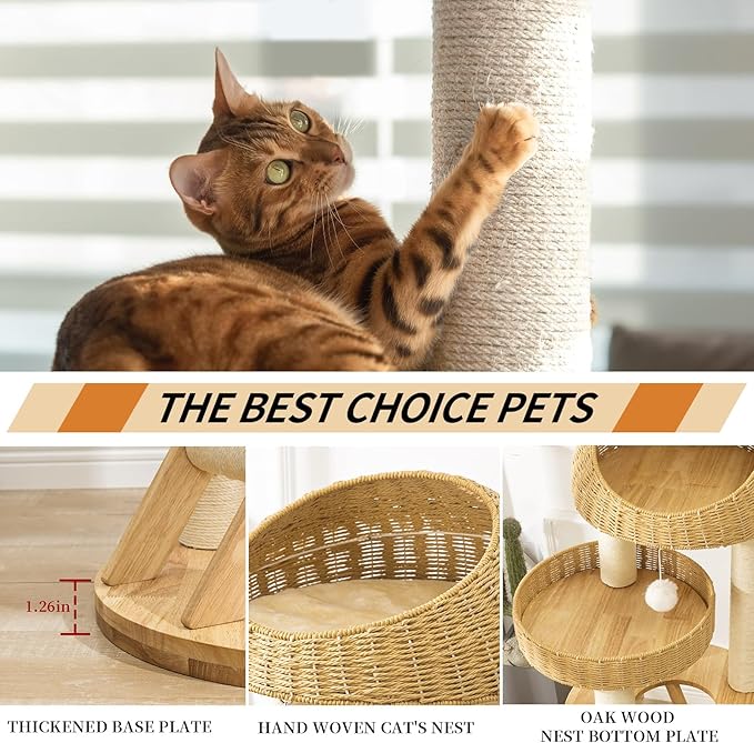 Big Modern Design Cat Tree Tower, Cat Tower Sisal-Covered Scratching Posts for Indoor Cats, Natural Oak Wood Cat Tree for Large Cats, Multi-Level Cat Condo with Sisal Staircase-PawvioPets