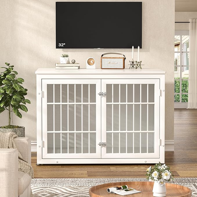 42" Heavy Duty Dog Crate Furniture for Large and Medium Dogs, Enclosed Design Wooden Metal Kennel, Wooden Cage Furniture Indoor, Decorative Dog Kennel End Table-PawvioPets