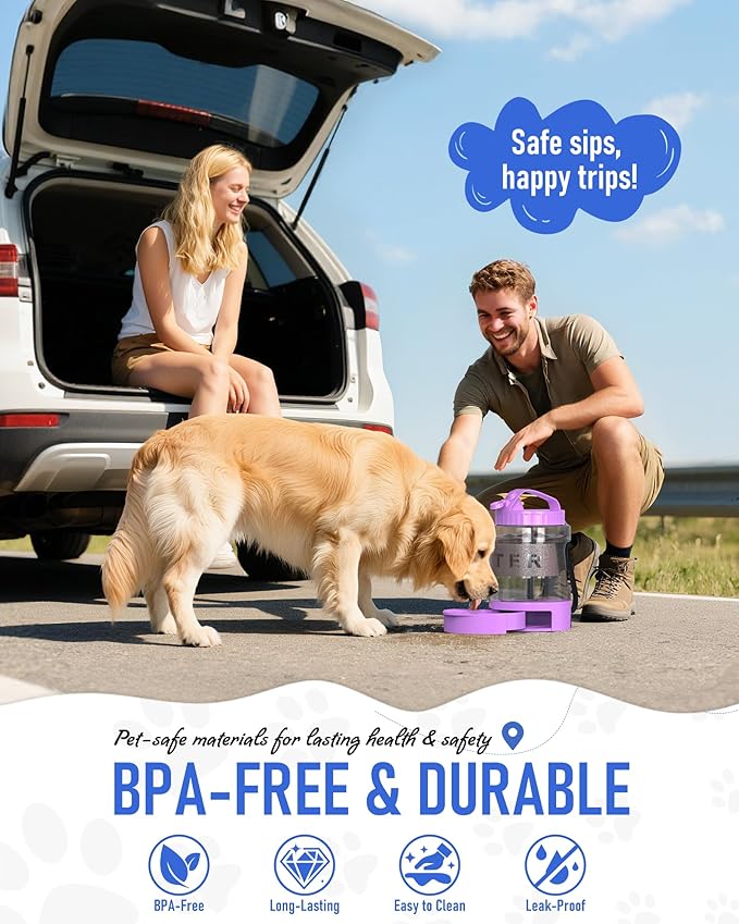 77oz Dog Travel Water Bottle, Large Portable Dog Water Bowl Dispenser, Leakproof Pet Drinking Bottle Dispenser for Hiking Camping Walking Travelling Beach Car Trips, No Spill, BPA Free,Purple-PawvioPets