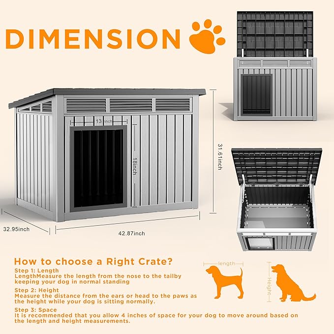 DRATO Dog House for Both Indoor and Outdoor with Weatherproof Roof Removable Floors for Medium to Large Dogs Interior Space (Gray, Large (42.87 * 32.95 * 31.61''))-PawvioPets