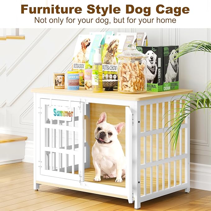 EasyCom 33" Dog Crate Furniture with Name Tag, Heavy Duty Dog Kennel Indoor for Medium and Small Dogs, Double-Doors Sturdy Metal Dog Cage, Decorate House as TV Stand, End Table, Bedside Table-PawvioPets
