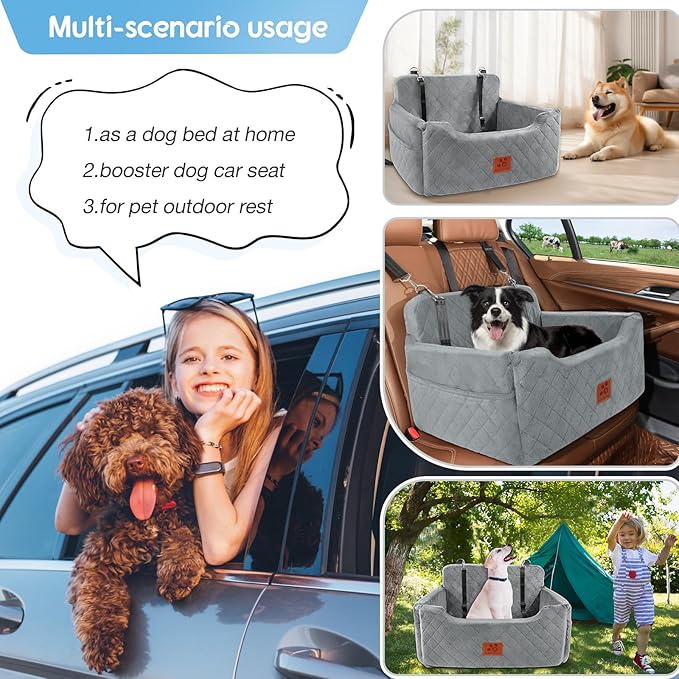 Dog Car Seat for Medium/Large Dogs, Dog Booster Seat for Pet Under 50lbs or 2 Small, Detachable and Washable Pet Car Seat,Multi-Functional Pet Travel Bed for Backseat(Grey)-PawvioPets