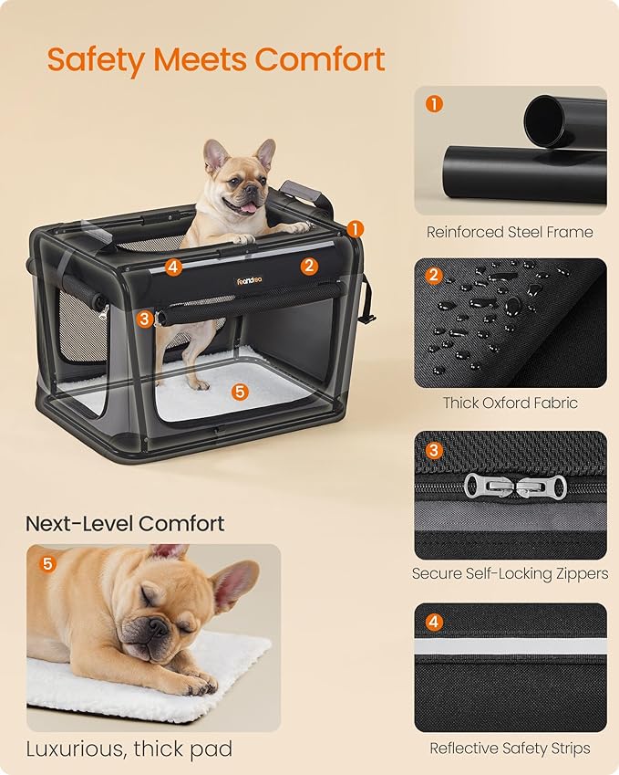 Feandrea Collapsible Dog Crate, 24-Inch Portable Dog Travel Crate for Small Dogs, Oxford Fabric Pet Carrier with 4 Mesh Doors, Handles, Storage Pocket, Water Bottle Holder, Ink Black UPDC016B01-PawvioPets