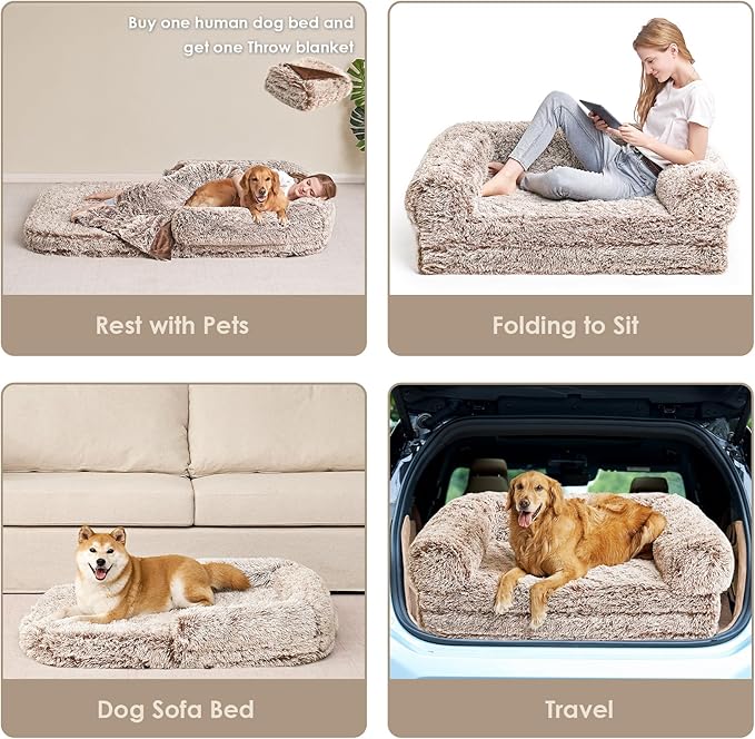 EHEYCIGA Foldable XXL Dog Bed, Faux Fur Fluffy Pet Couch Bed for Extra Large Dogs, Orthopedic Calming Memory Foam Pet Bed, Washable Soft Pet Sofa Bed with Non-Slip Bottom, Faded Brown, 54"x38"x7.5"-PawvioPets