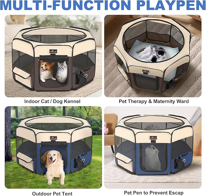 Aivituvin Dog Playpen, Foldable Pet Play Pens with Carrying Bag for Cat, Puppies, Rabbits, Portable Dog Tent Crates Cage for Travel Camping Indoor Outdoor, Removable Shade Cover, Blue M-PawvioPets