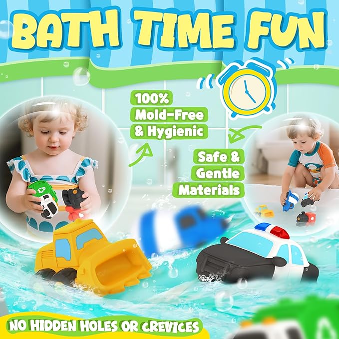 6 PCS Vehicle Floating Bath Toys Mold Free Infant Bath Tub Toys for 12 Months - No Hole Bathtub Toys for Toddlers 1-3 Water Pool Toys for Baby Toddler Ages 1+-PawvioPets