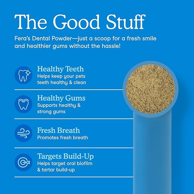 Fera Pets Cat & Dog Dental Support Powder - Supports Fresh Breath - Promotes Healthy Teeth and Gums - Targets Tartar Build-Up - Includes Kelp, Enzymes & Postbiotics - 60 Scoops-PawvioPets
