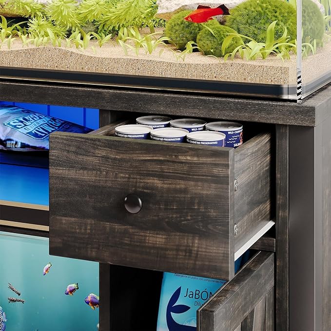 75 Gallon Fish Tank Stand with LED Light & Power Outlets, 55-75 Gallon Heavy Duty Metal Aquarium Stand with Drawers & Barn Doors, Cabinet for 2 Fish Tank Accessories Storage, Dark Oak-PawvioPets